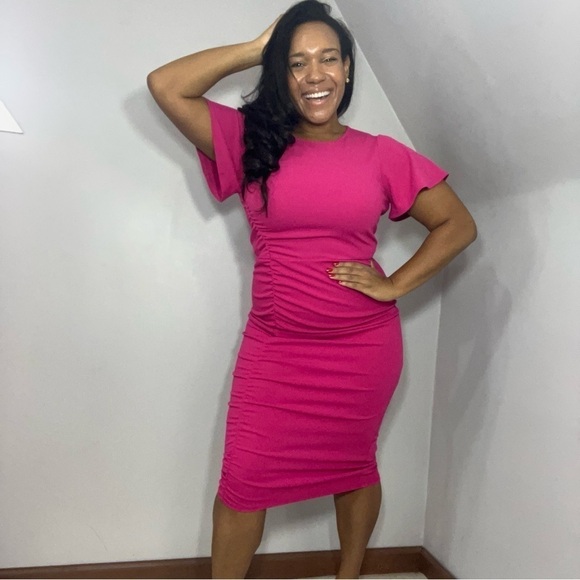 Rachel Roy pink midi dress flutter sleeve fitted bodycon fuchsia dress barbie - Picture 10 of 10